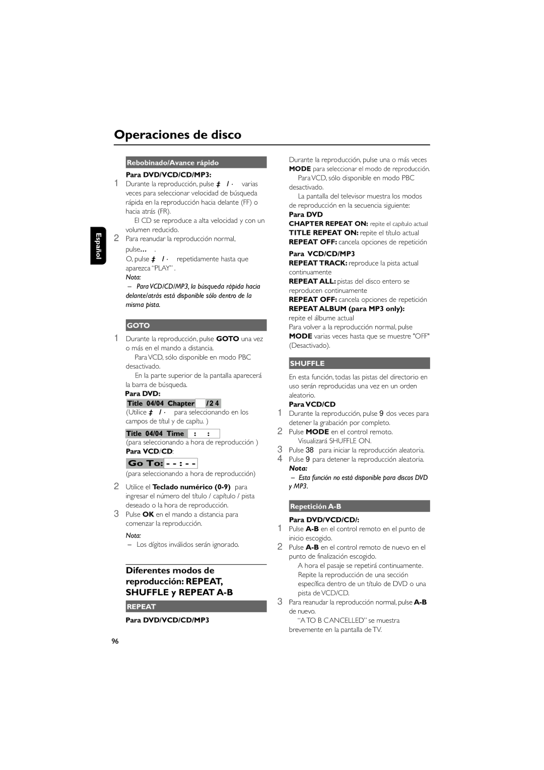 Philips MME239 owner manual Español Rebobinado/Avance rápido, Repetición A-B 