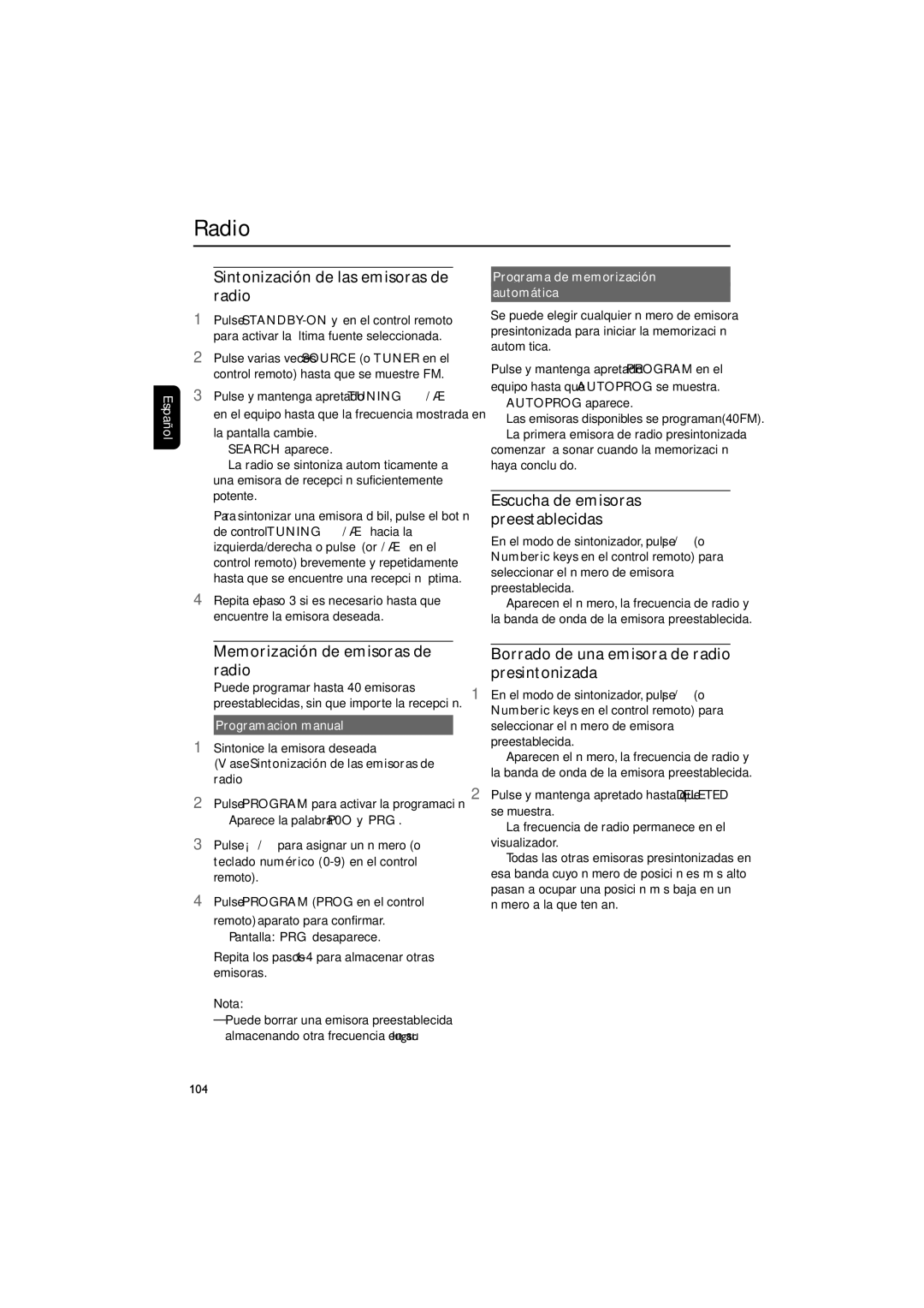 Philips MME239 owner manual Radio, Sintonización de las emisoras de radio, Escucha de emisoras preestablecidas 