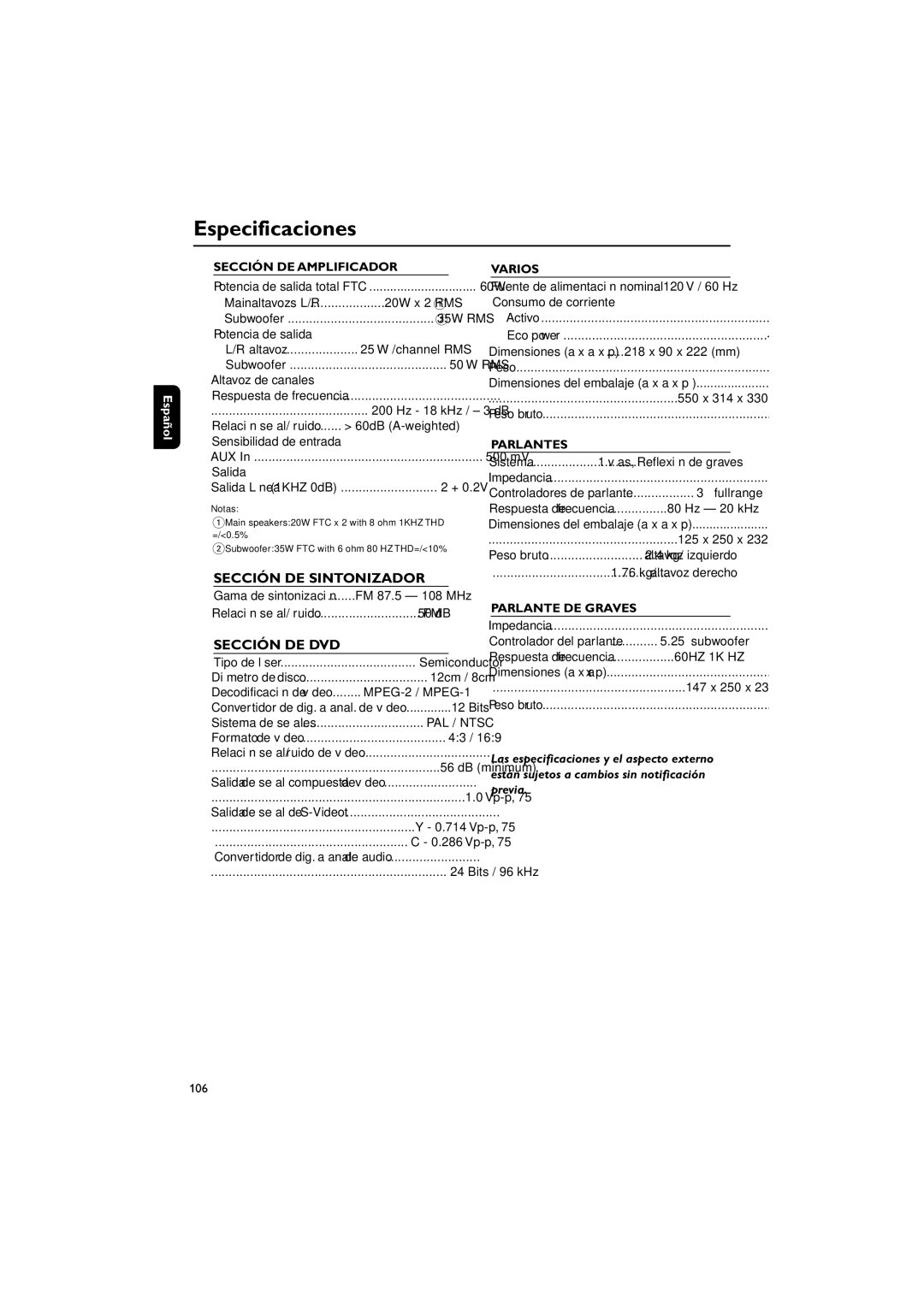 Philips MME239 owner manual Especificaciones, Sección DE Amplificador, Varios, Parlantes, Parlante DE Graves 