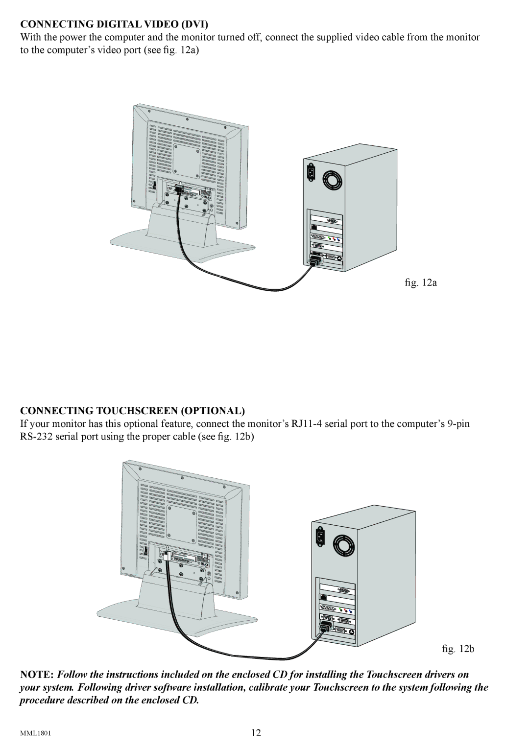 Philips MML1801 user manual Connecting Digital Video DVI, Connecting Touchscreen Optional 