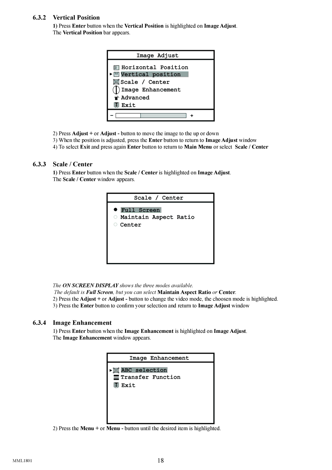 Philips MML1801 user manual Vertical Position, Image Enhancement, Scale / Center Full Screen Maintain Aspect Ratio 