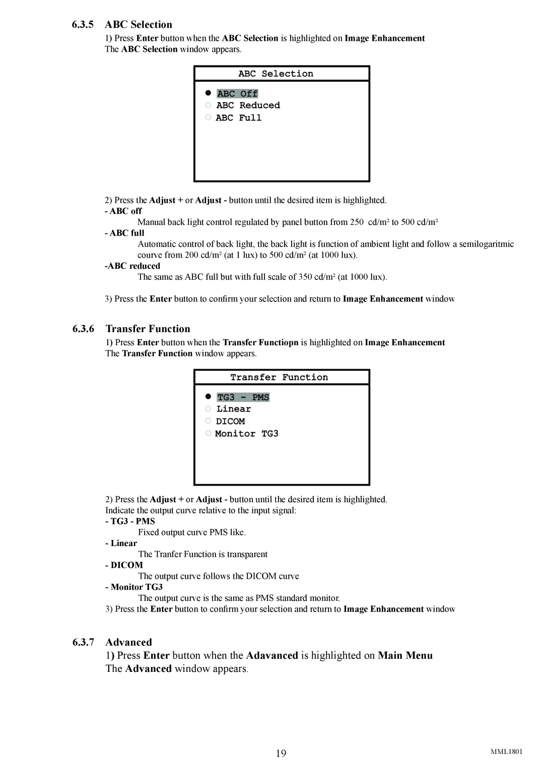 Philips MML1801 user manual ABC Selection, Transfer Function, Advanced, Linear, Monitor TG3 