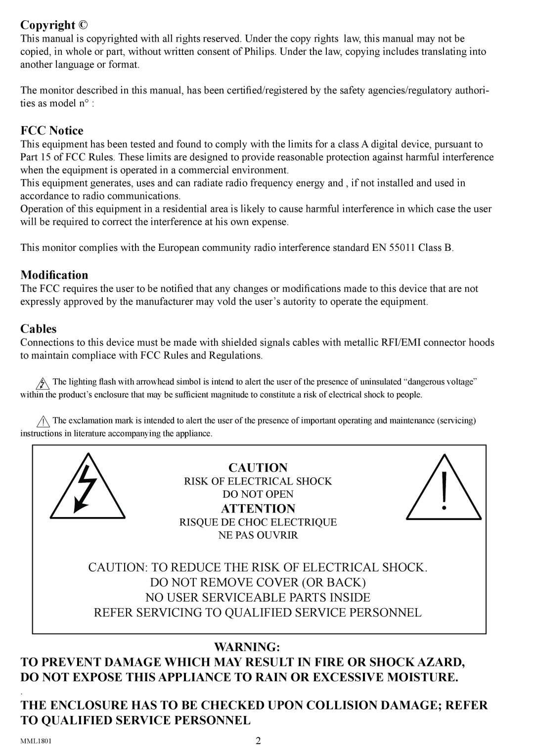 Philips MML1801 user manual Copyright, FCC Notice, Modiﬁcation, Cables 