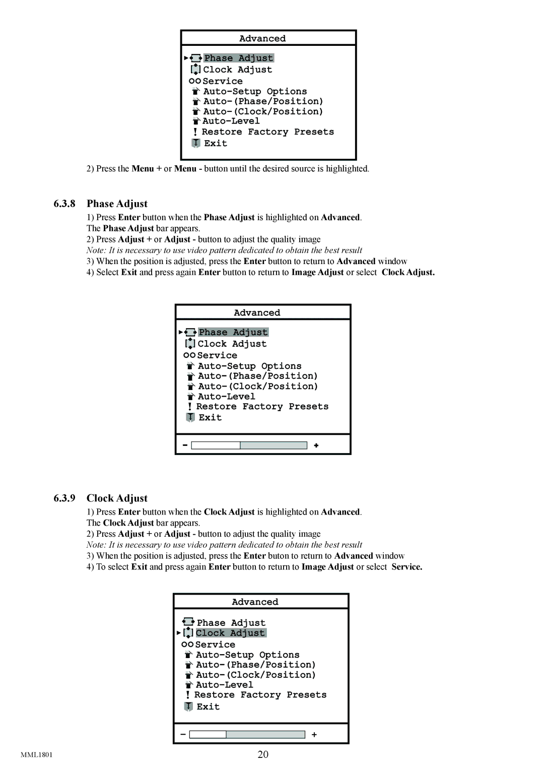 Philips MML1801 user manual Phase Adjust, Clock Adjust 