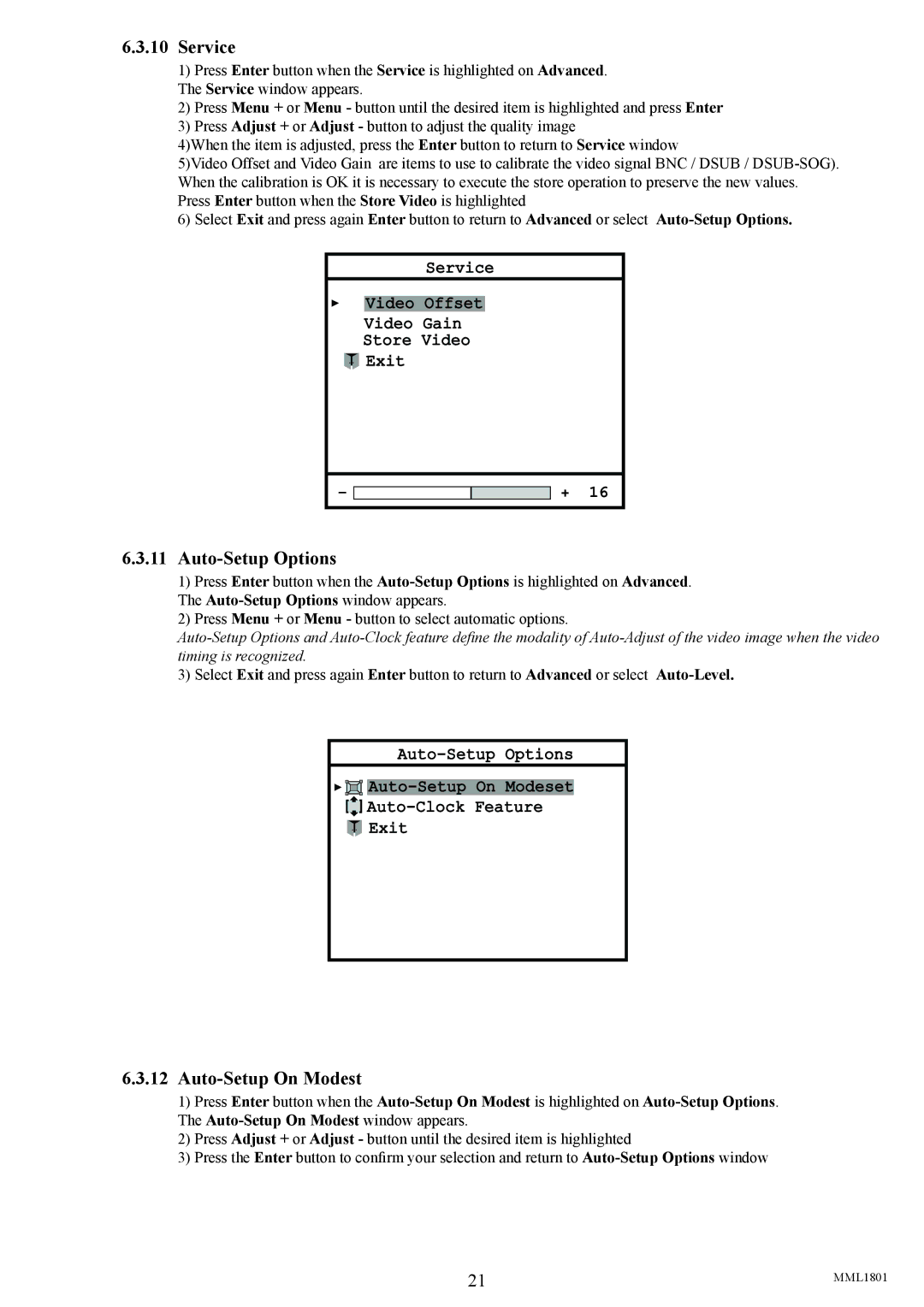 Philips MML1801 user manual Service, Auto-Setup Options, Auto-Setup On Modest 