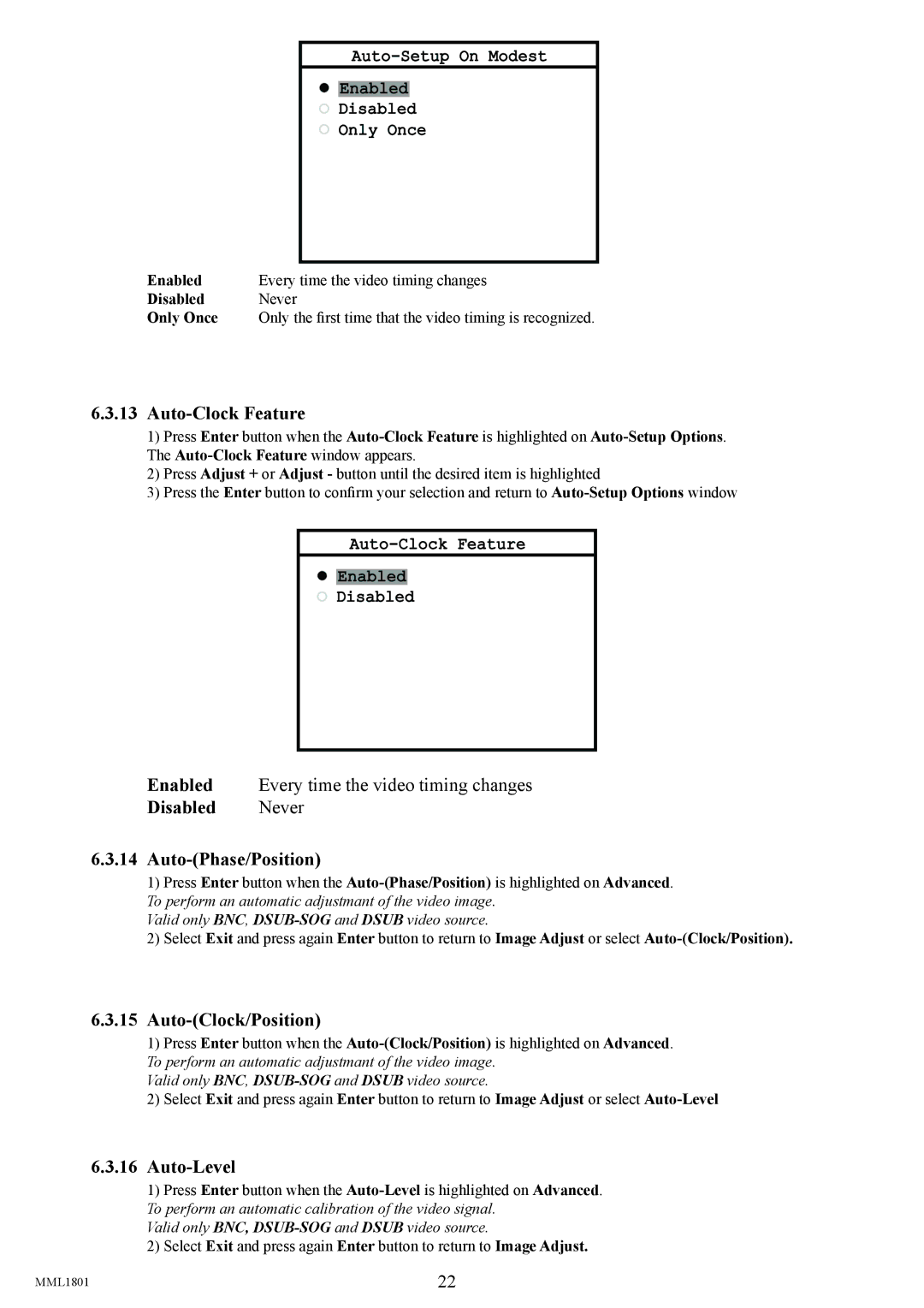 Philips MML1801 user manual Auto-Clock Feature, Disabled Never Auto-Phase/Position, Auto-Clock/Position, Auto-Level 