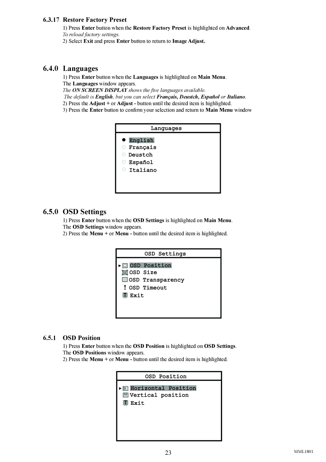 Philips MML1801 user manual Languages, OSD Settings, Restore Factory Preset, OSD Position 