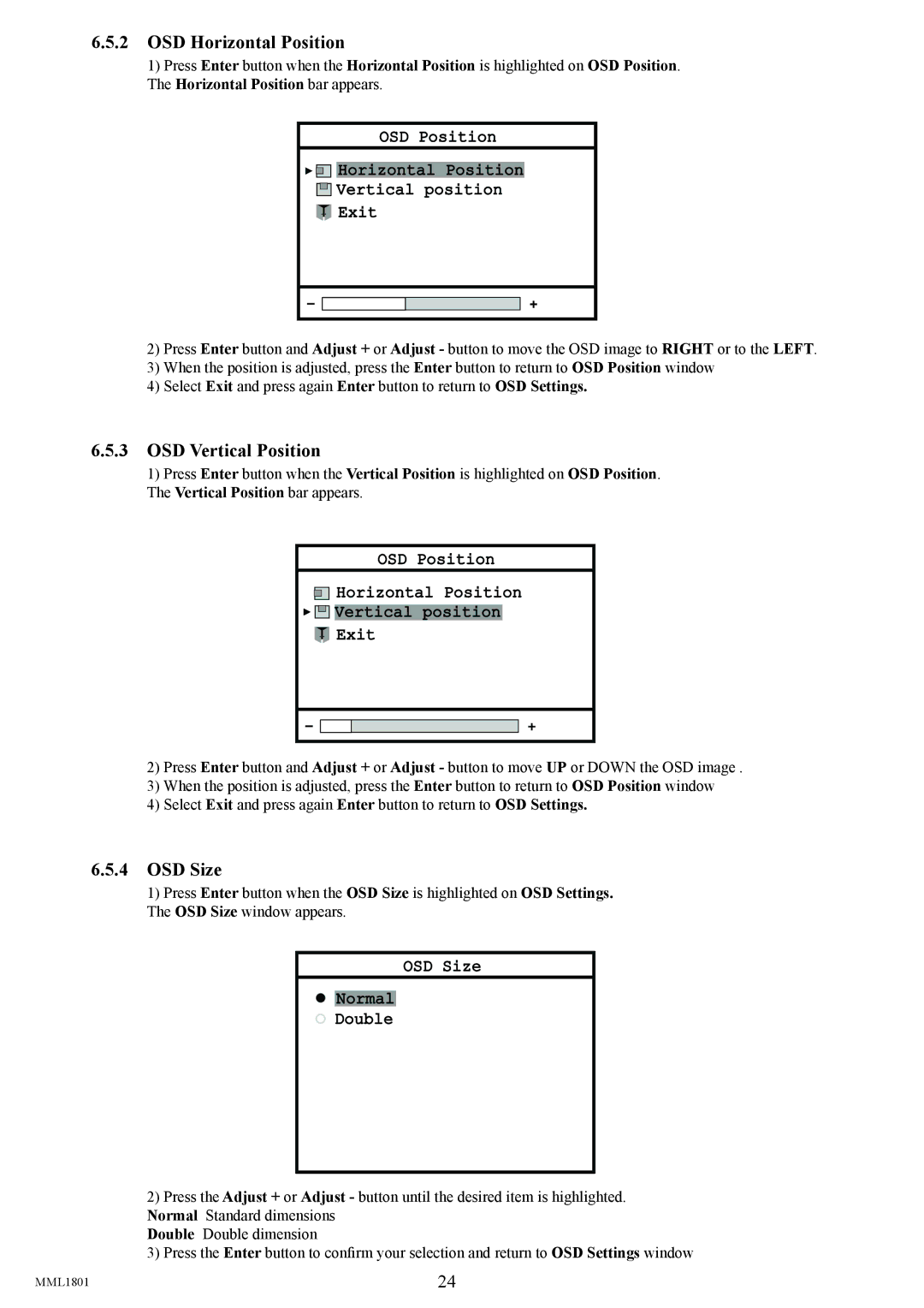 Philips MML1801 user manual OSD Horizontal Position, OSD Vertical Position, OSD Size Normal Double 