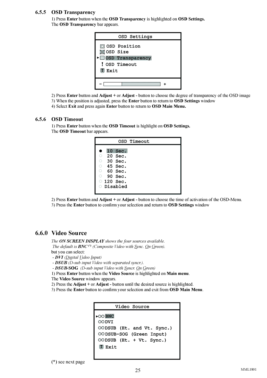 Philips MML1801 user manual Video Source, OSD Transparency, OSD Timeout 