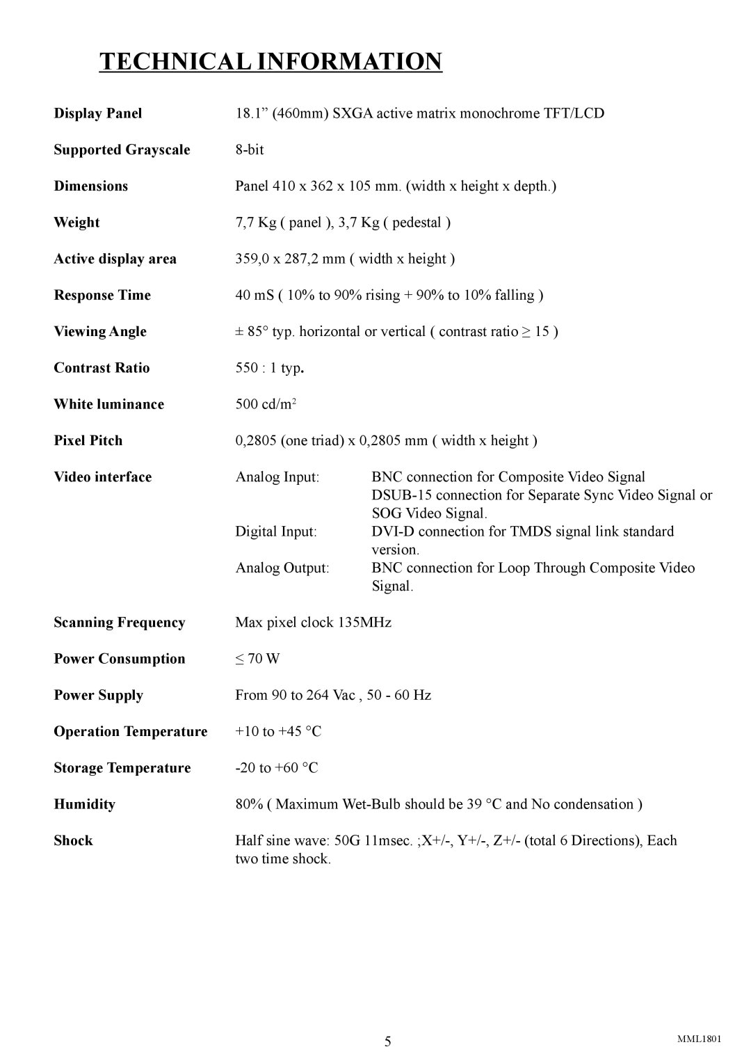 Philips MML1801 user manual Technical Information 