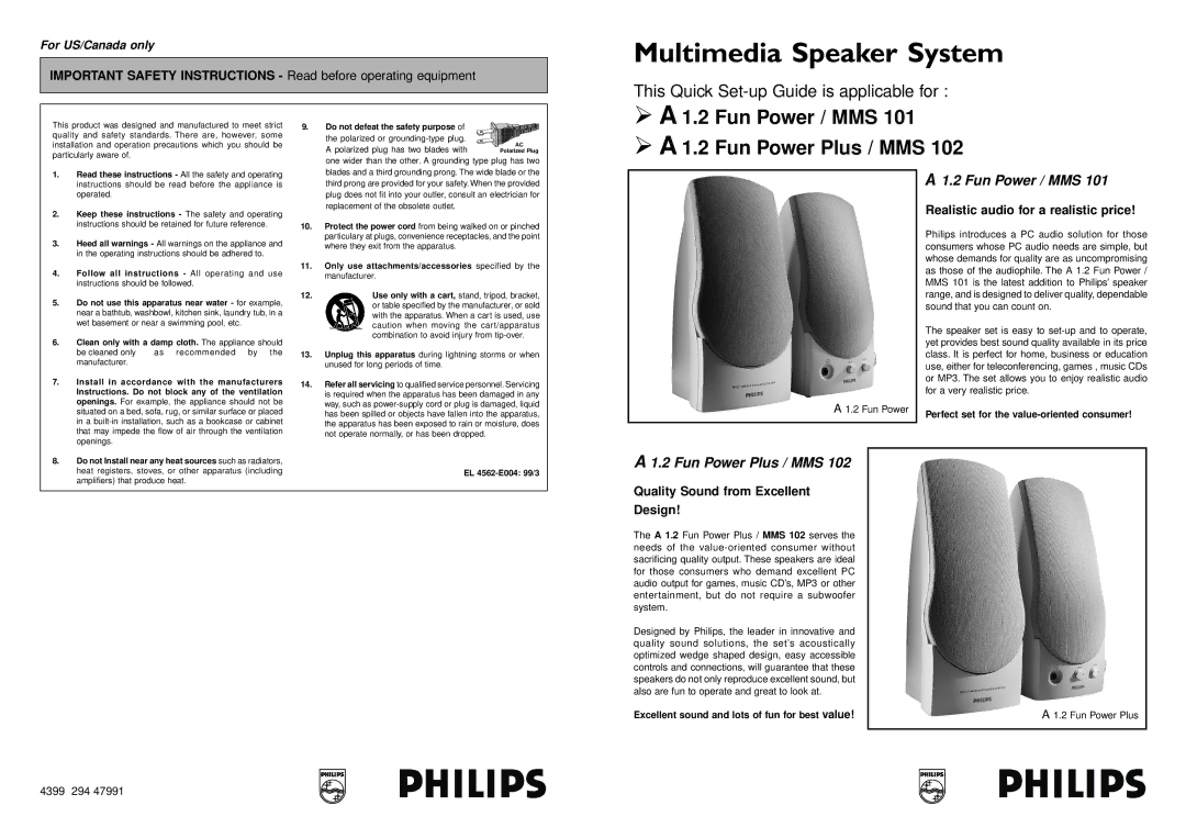 Philips MMS 101, MMS 102 important safety instructions Fun Power / MMS 1.2 Fun Power Plus / MMS 