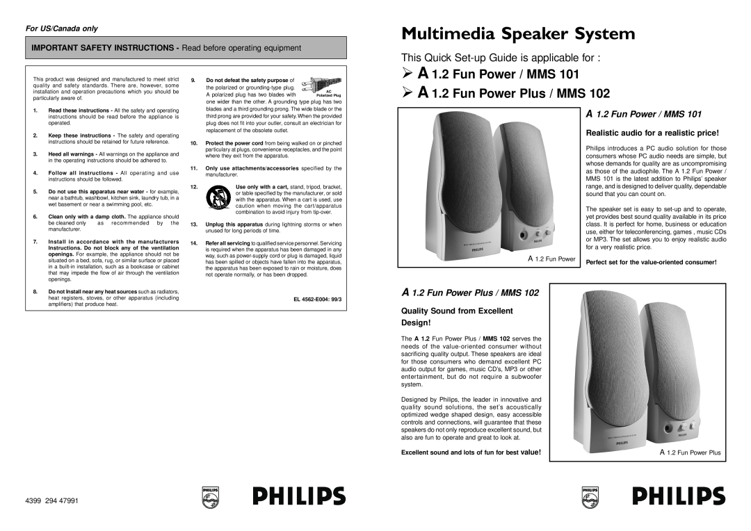 Philips MMS 101 important safety instructions ØA 1.2 Fun Power / MMS, ØA 1.2 Fun Power Plus / MMS, For US/Canada only 
