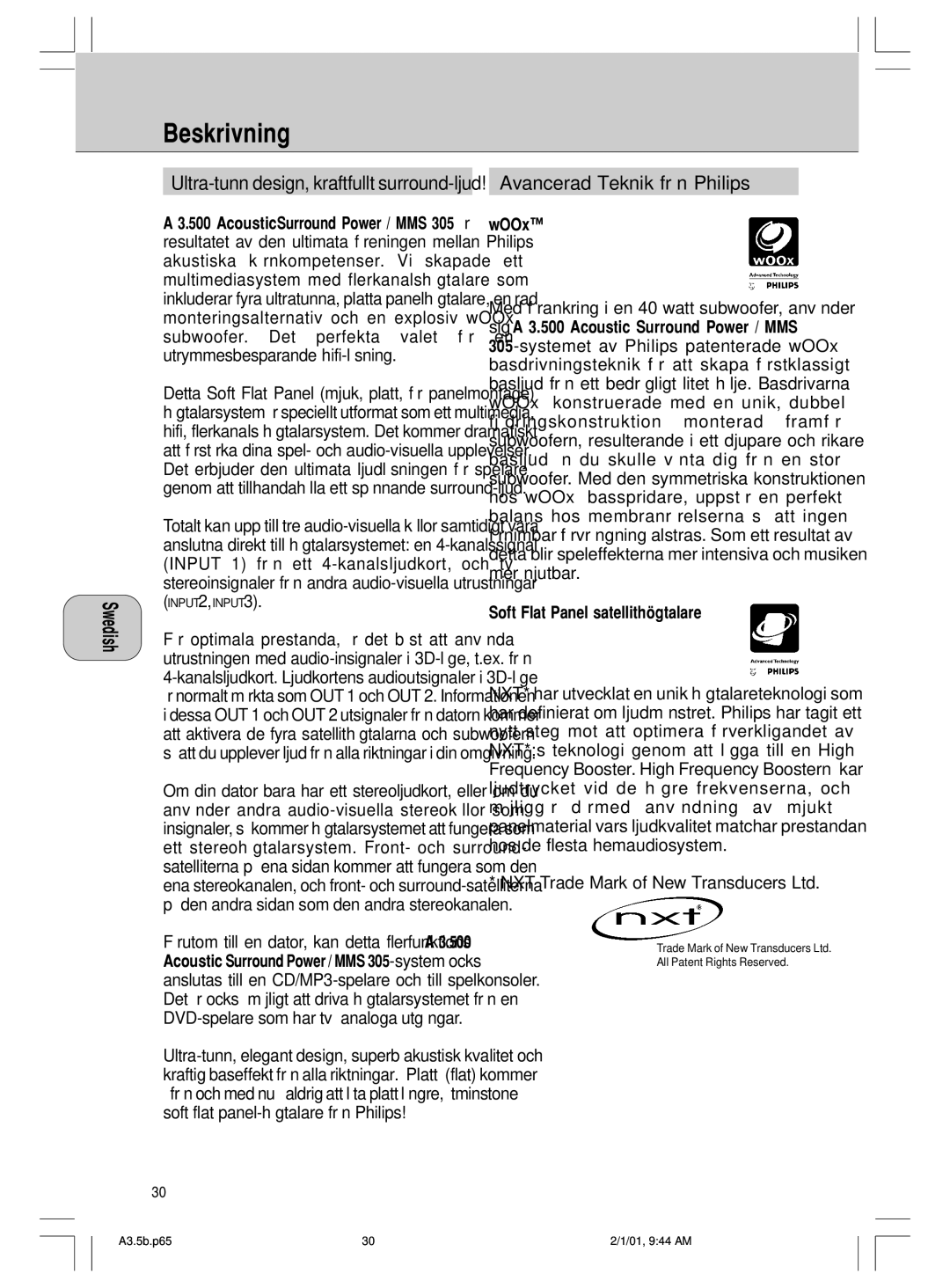 Philips MMS 305 manual Beskrivning, Avancerad Teknik från Philips, Soft Flat Panel satellithögtalare 