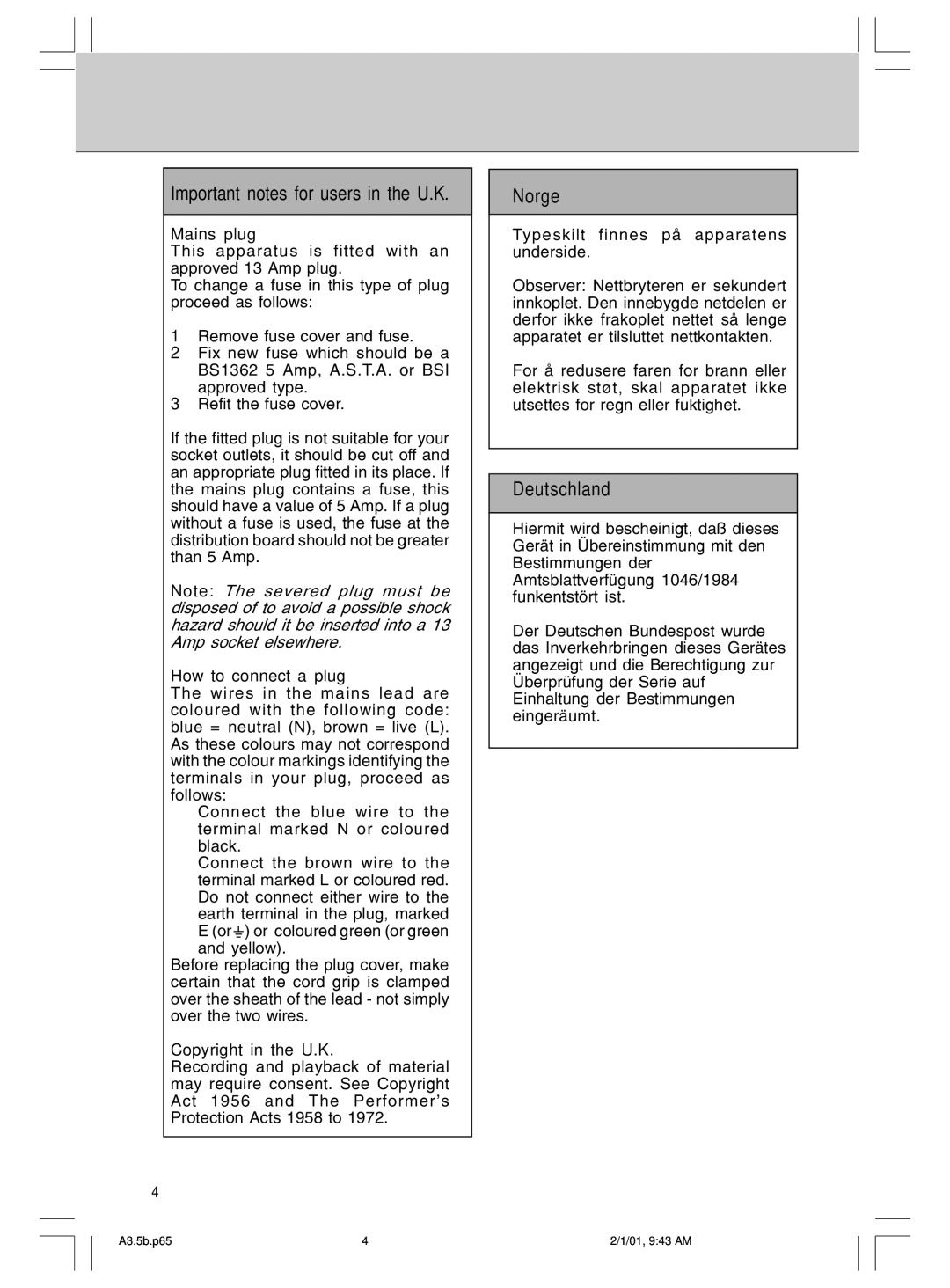 Philips MMS 305 manual Norge, Deutschland, Important notes for users in the U.K 