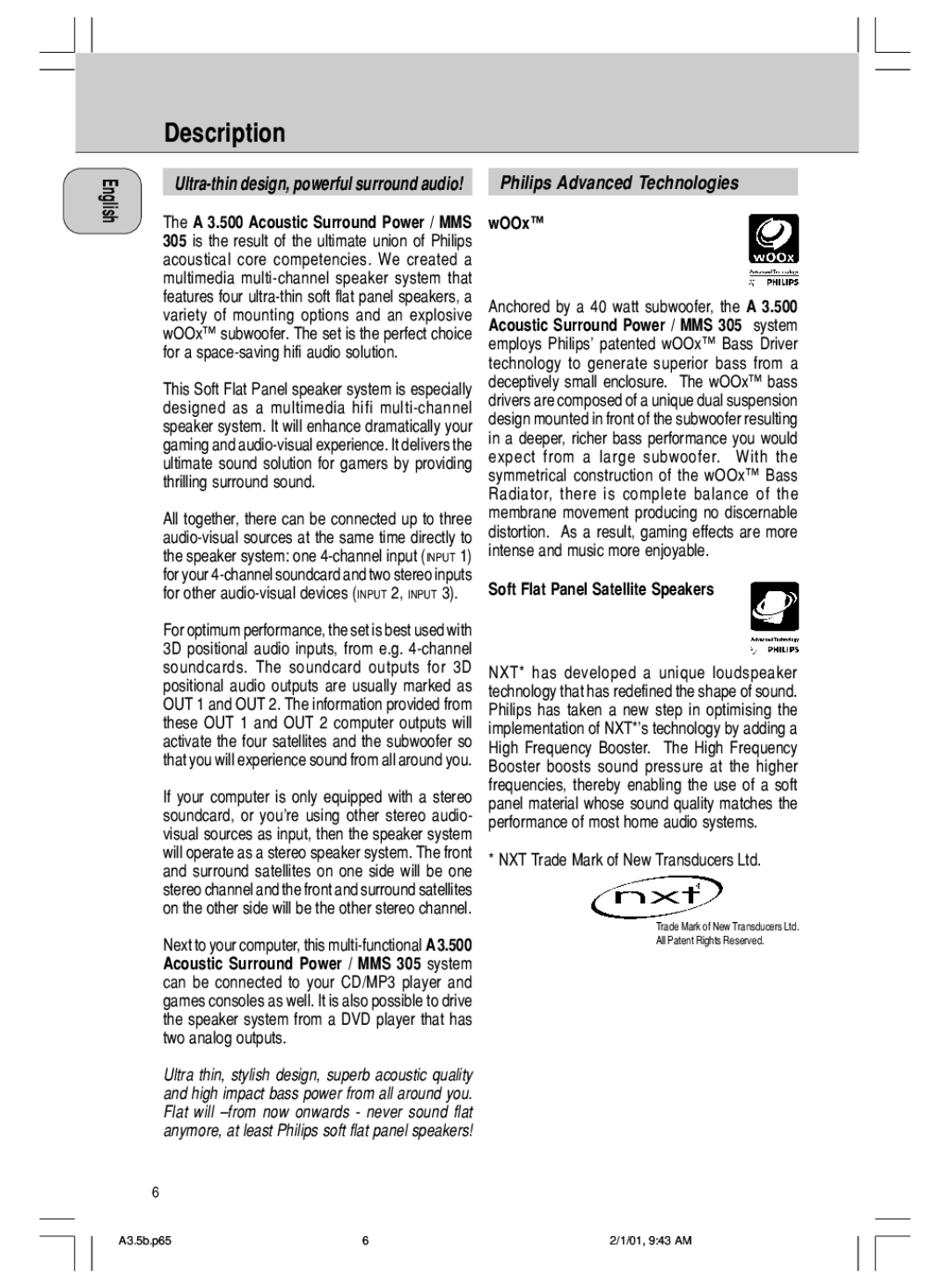 Philips MMS 305 manual Description, WOOx, Soft Flat Panel Satellite Speakers 