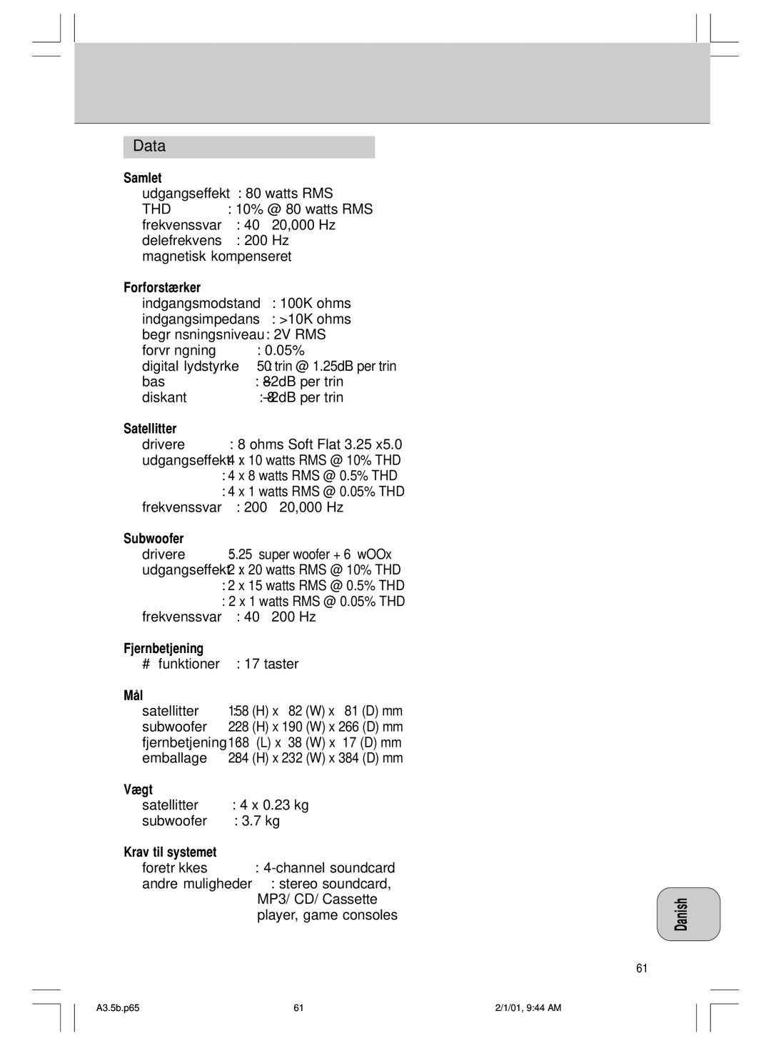 Philips MMS 305 manual Data 