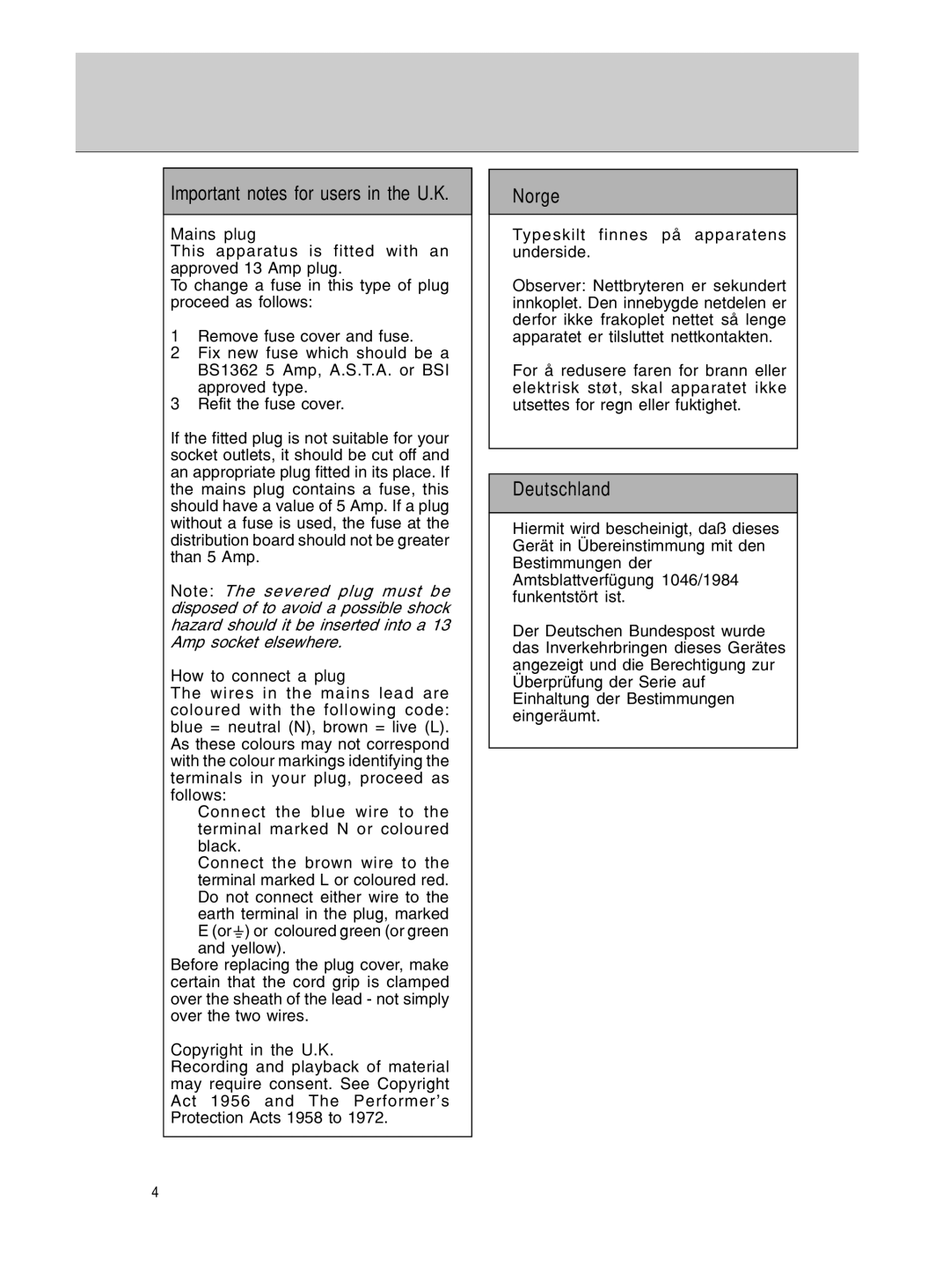 Philips MMS 305/A 3.500 manual Important notes for users in the U.K, Norge, Deutschland 