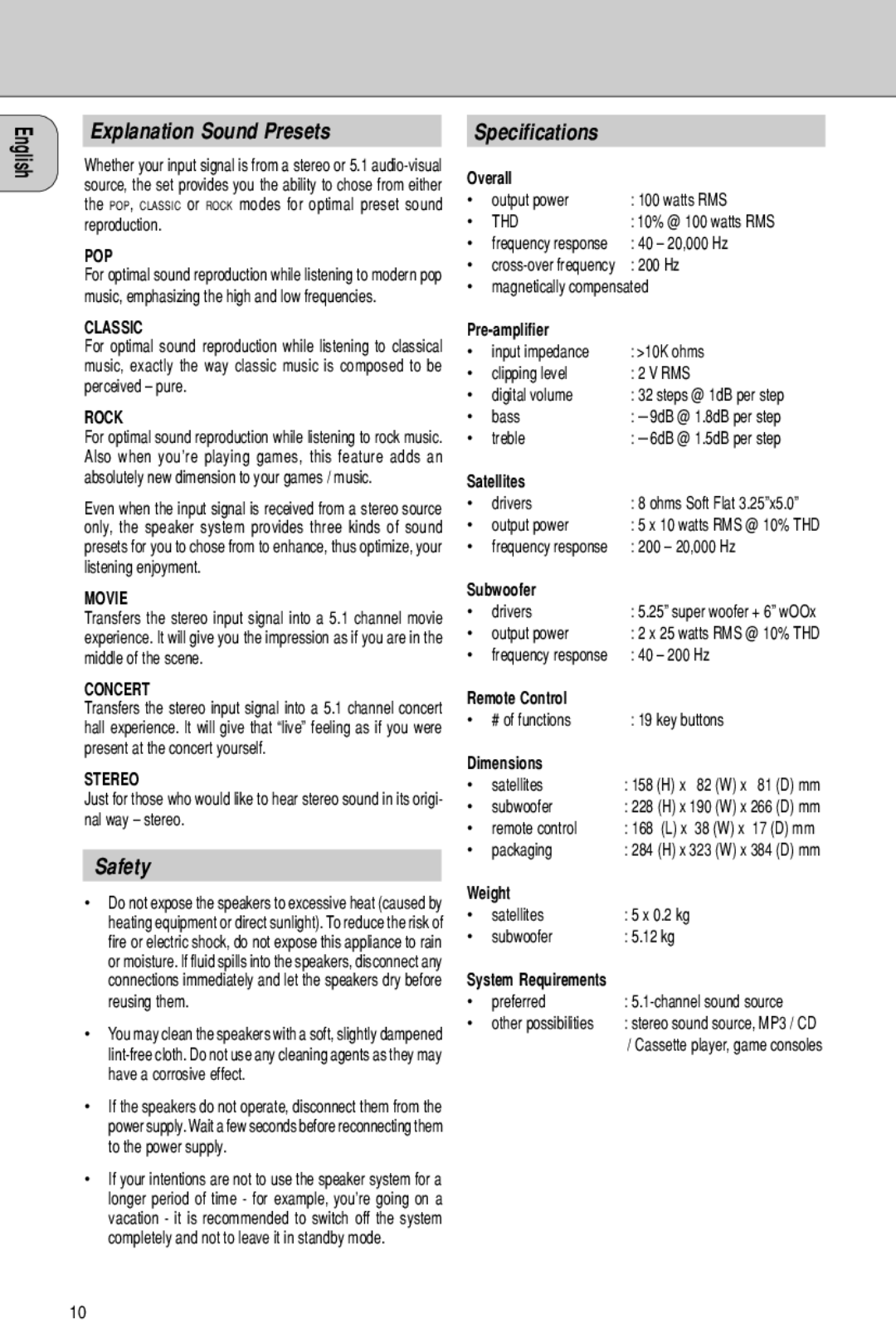 Philips MMS 306/A manual Explanation Sound Presets, Safety, Specifications, Türkçe Ðóññêèé Norsk Dansk 