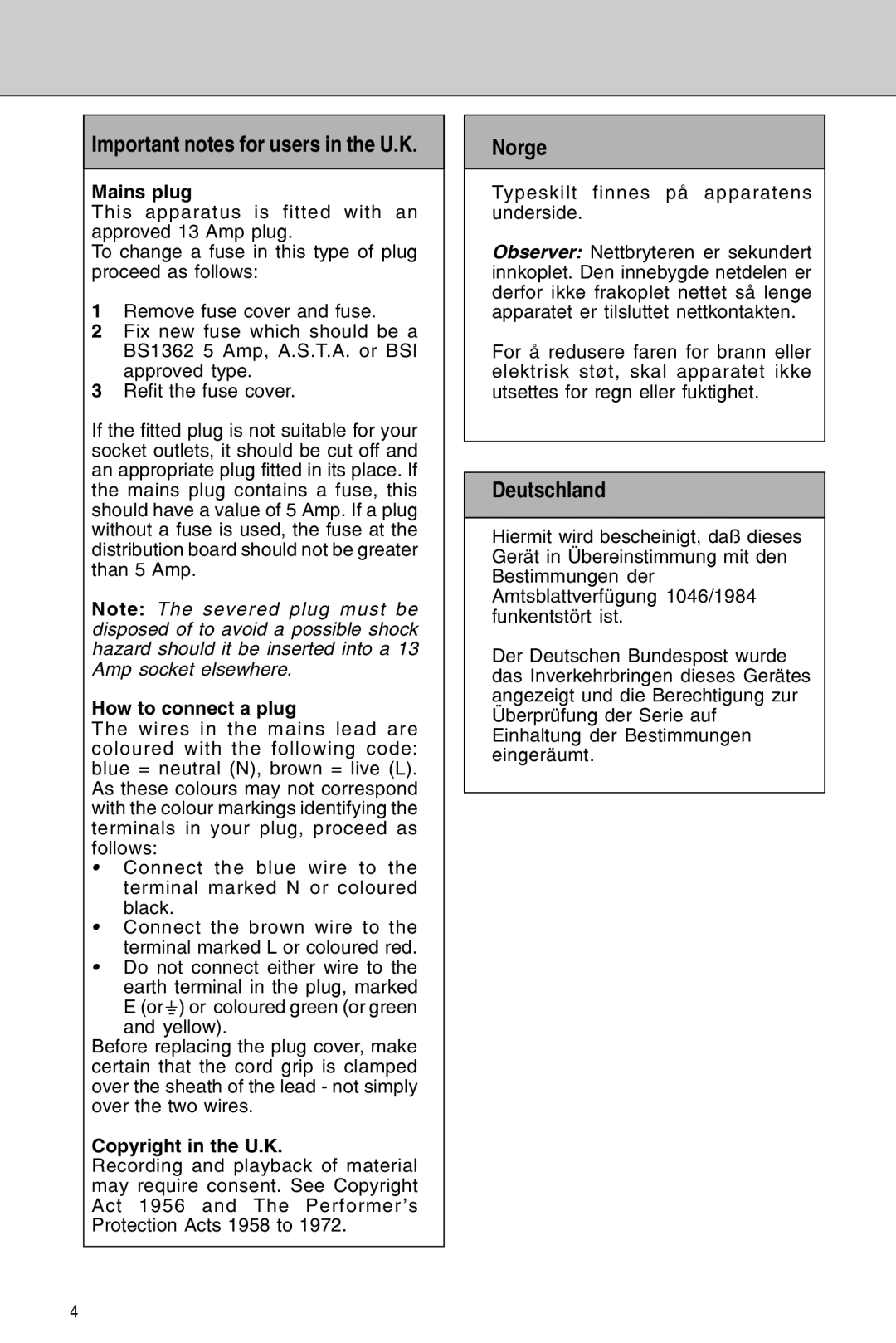 Philips MMS 306/A manual Important notes for users in the U.K, Norge, Deutschland 