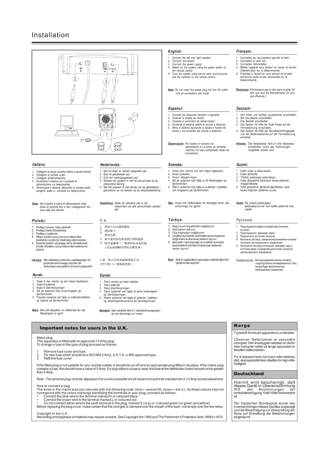 Philips MMS2031799 manual Important notes for users in the U.K, Norge, Deutschland 