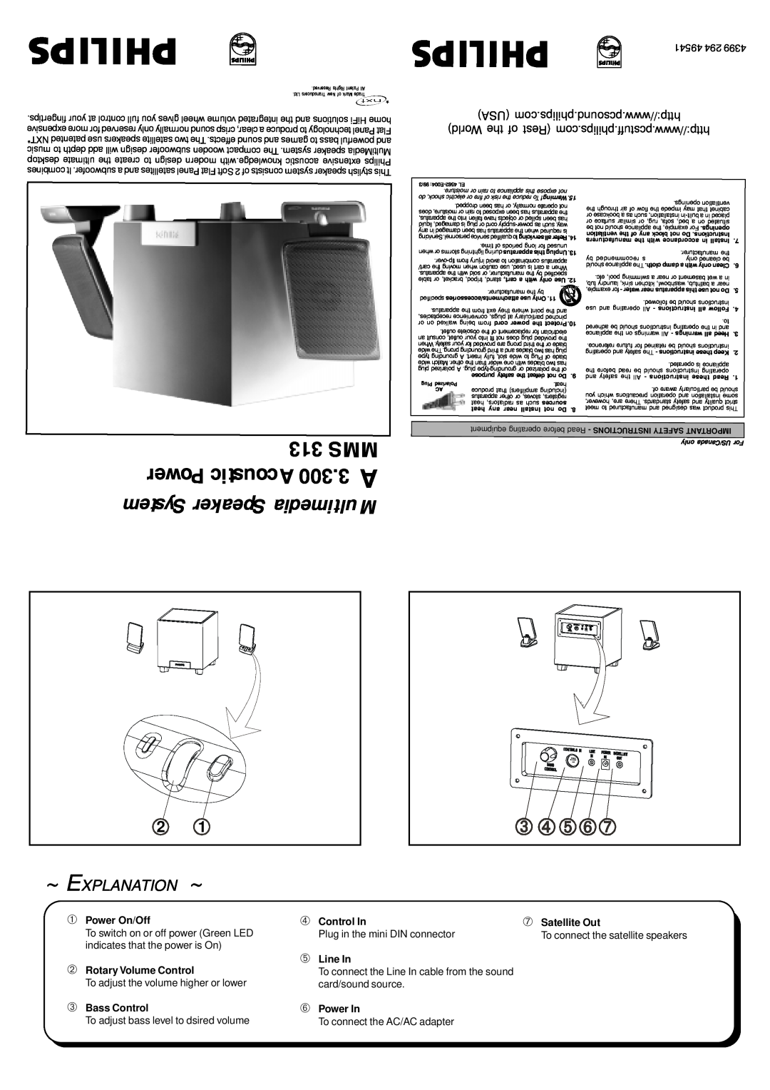 Philips MMS3031799 important safety instructions 313 MMS, Power Acoustic, System Speaker Multimedia, ~ Explanation 