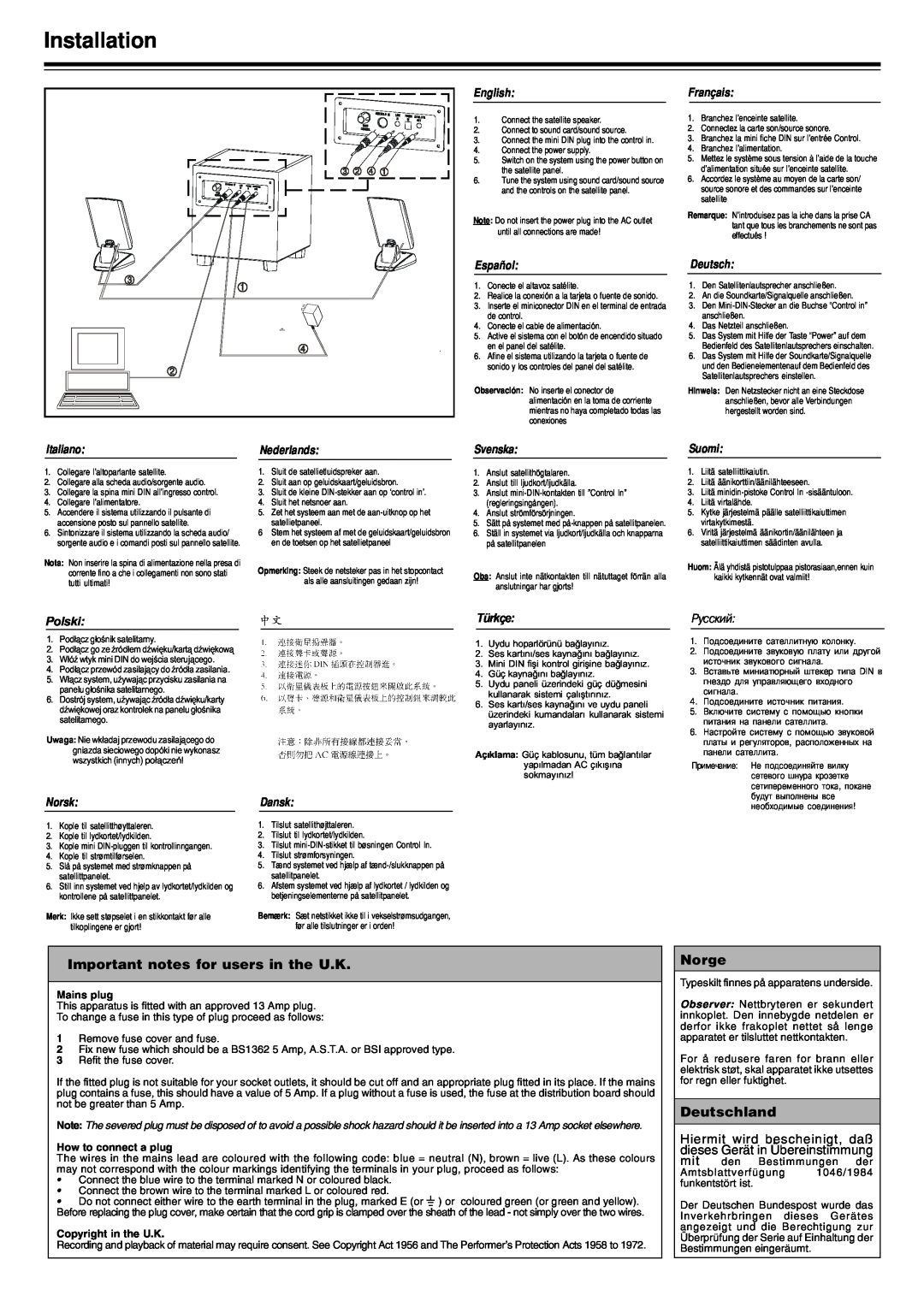 Philips MMS3031799 important safety instructions Installation, Important notes for users in the U.K, Norge, Deutschland 