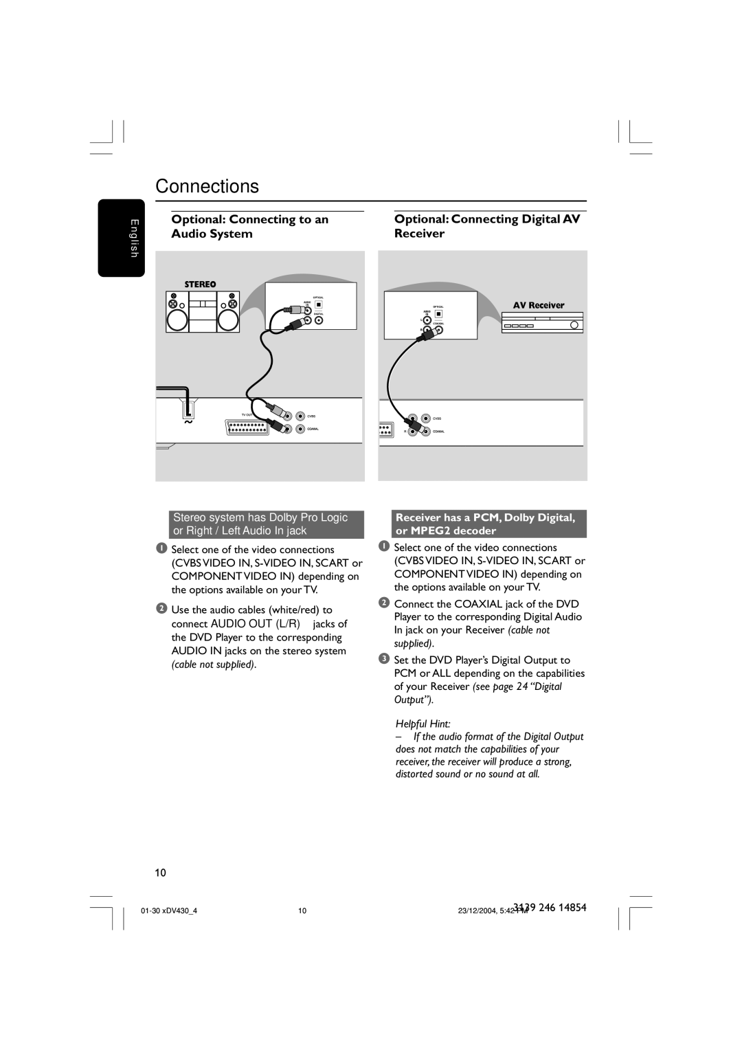 Philips MMS430 user manual Optional Connecting to an Audio System, Optional Connecting Digital AV Receiver 