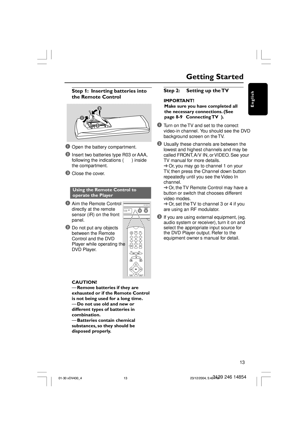 Philips MMS430 user manual Getting Started, Inserting batteries into the Remote Control, Setting up the TV 