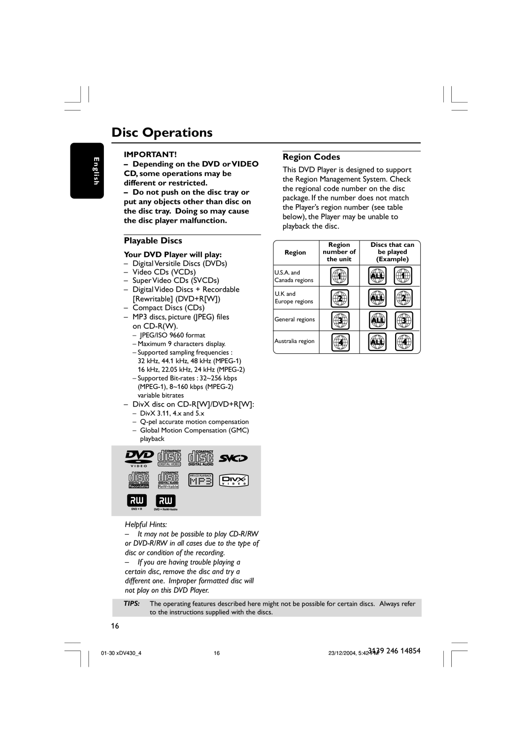 Philips MMS430 user manual Disc Operations, Playable Discs, Region Codes, Your DVD Player will play 