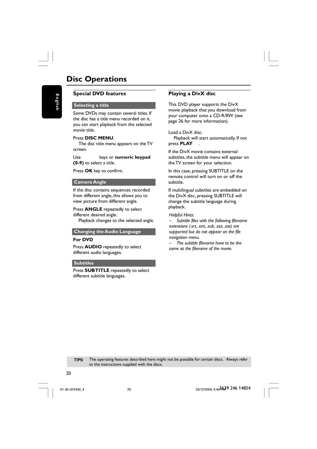 Philips MMS430 user manual Special DVD features, Playing a DivX disc 