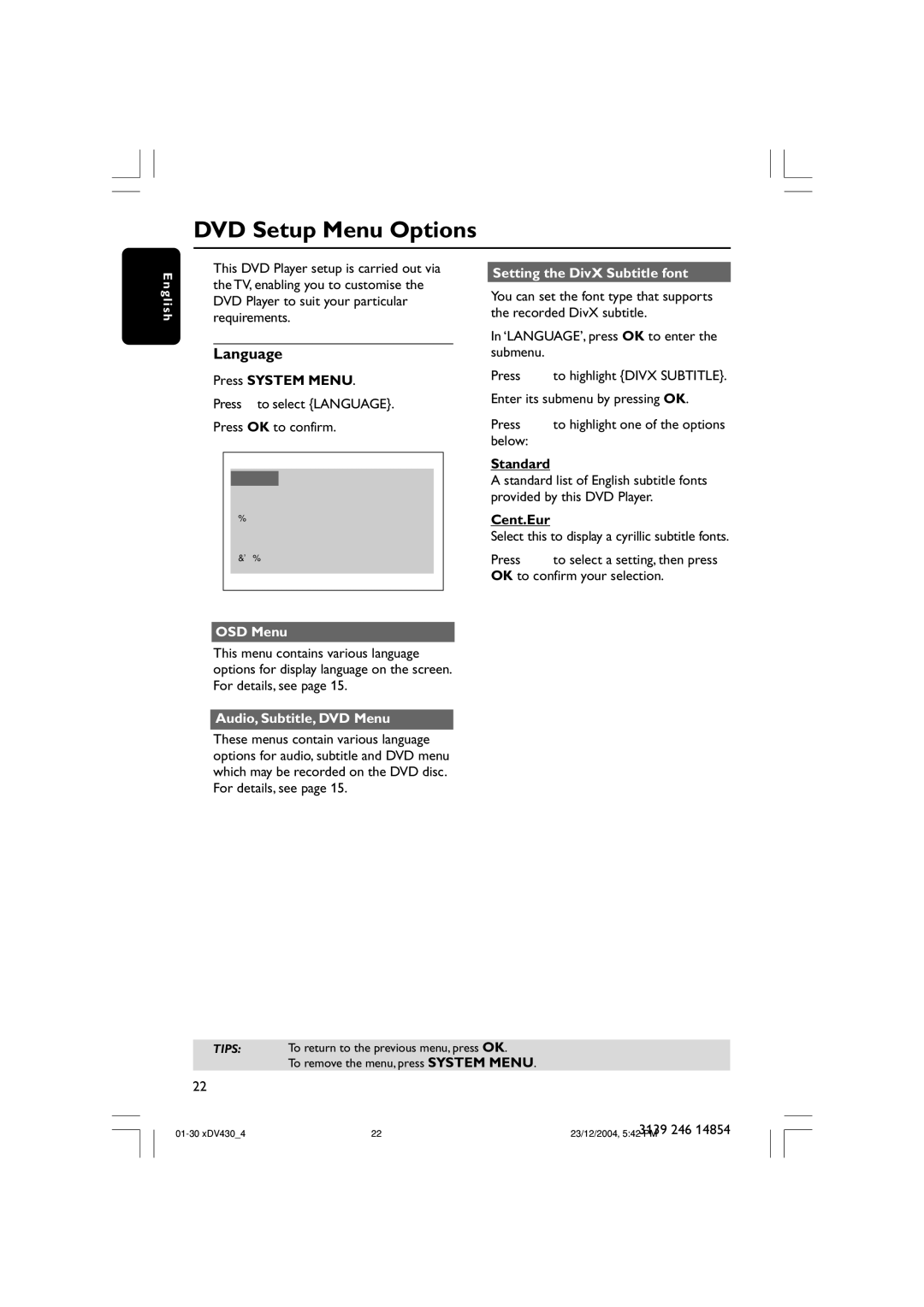 Philips MMS430 DVD Setup Menu Options, Language, OSD Menu, Setting the DivX Subtitle font, Audio, Subtitle, DVD Menu 