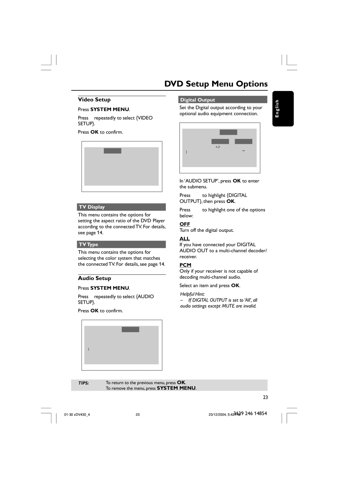 Philips MMS430 user manual Video Setup, Audio Setup, Off, All, Pcm 