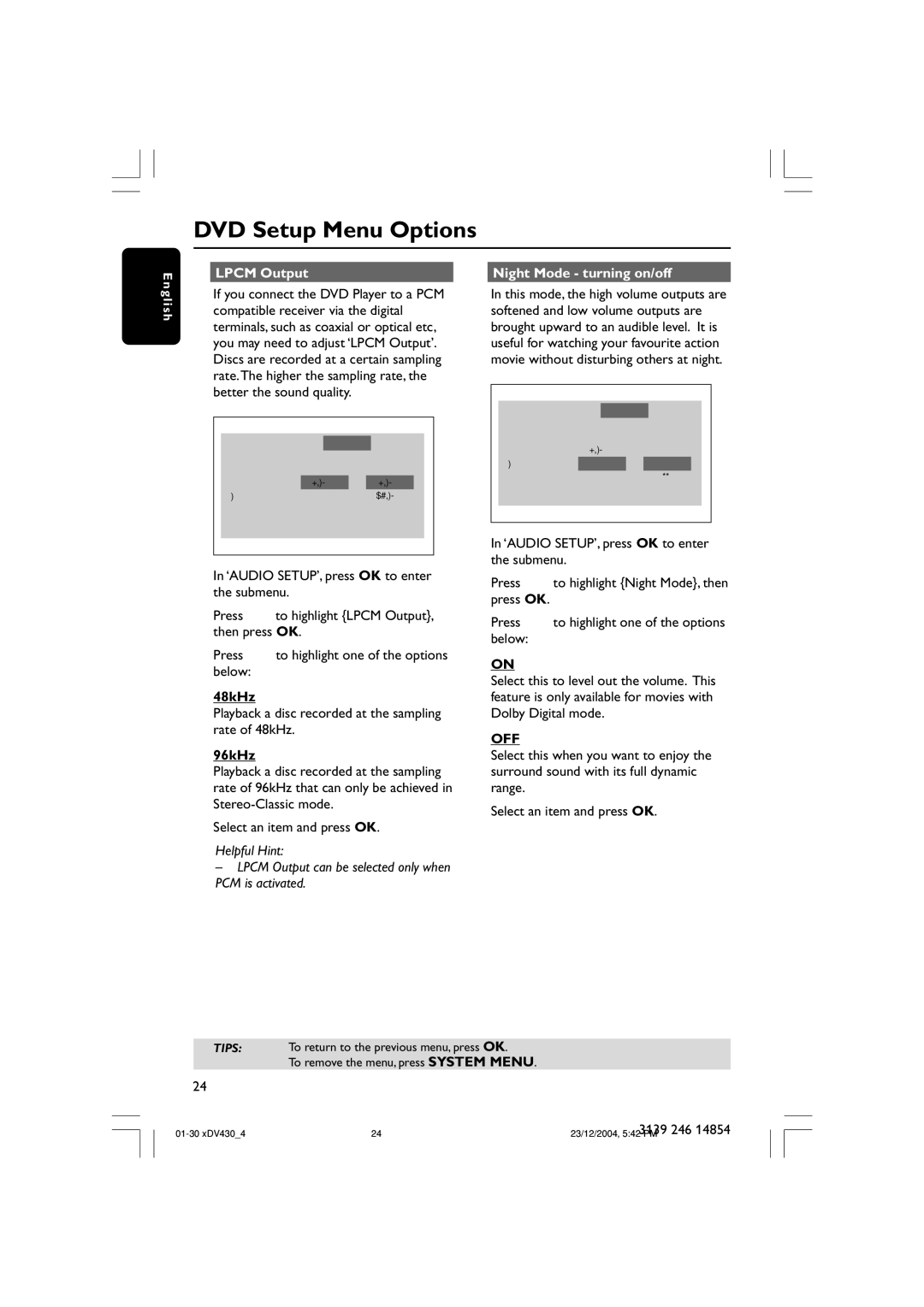 Philips MMS430 user manual Lpcm Output Night Mode turning on/off, 48kHz, 96kHz 