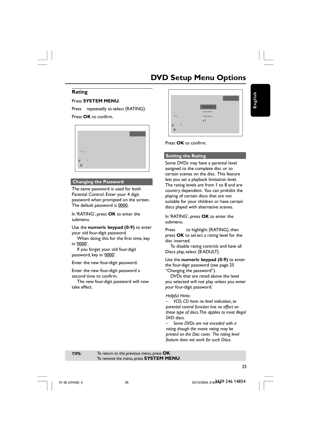 Philips MMS430 user manual Changing the Password, Setting the Rating 