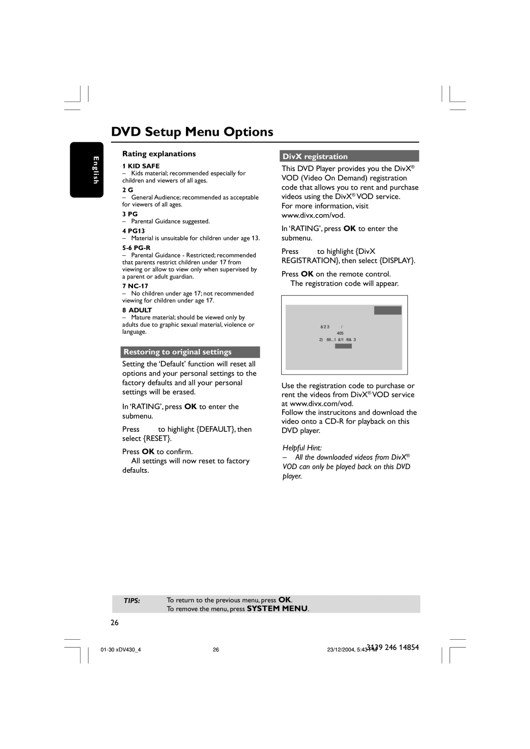 Philips MMS430 user manual Rating explanations, Restoring to original settings, DivX registration 