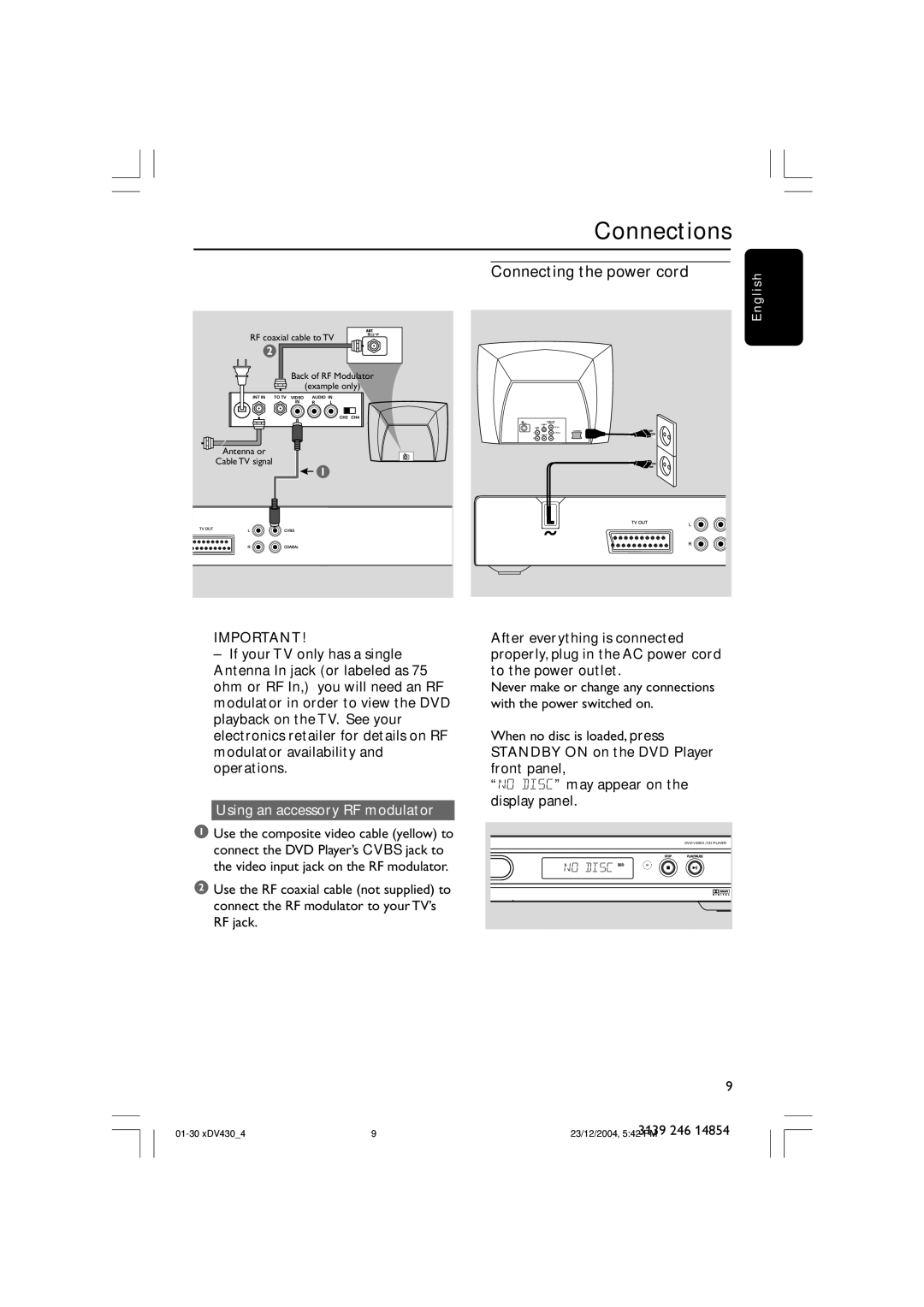 Philips MMS430 user manual Connecting the power cord, Using an accessory RF modulator 