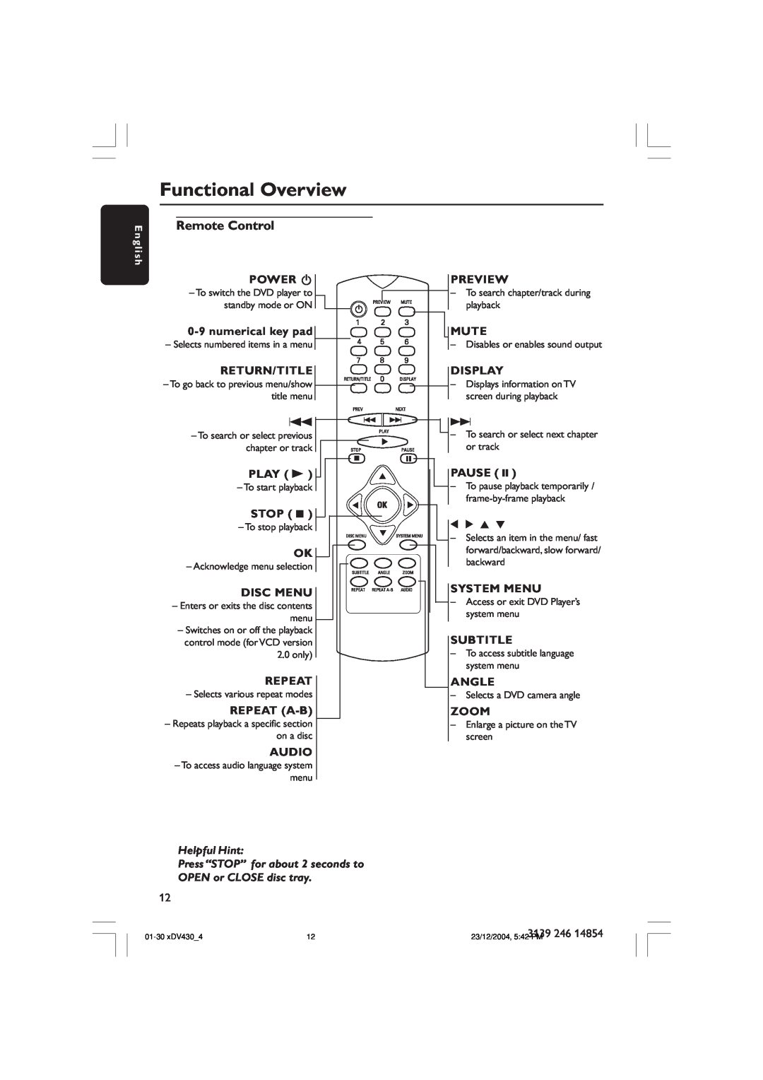 Philips MMS430 user manual Remote Control, Functional Overview, Helpful Hint 