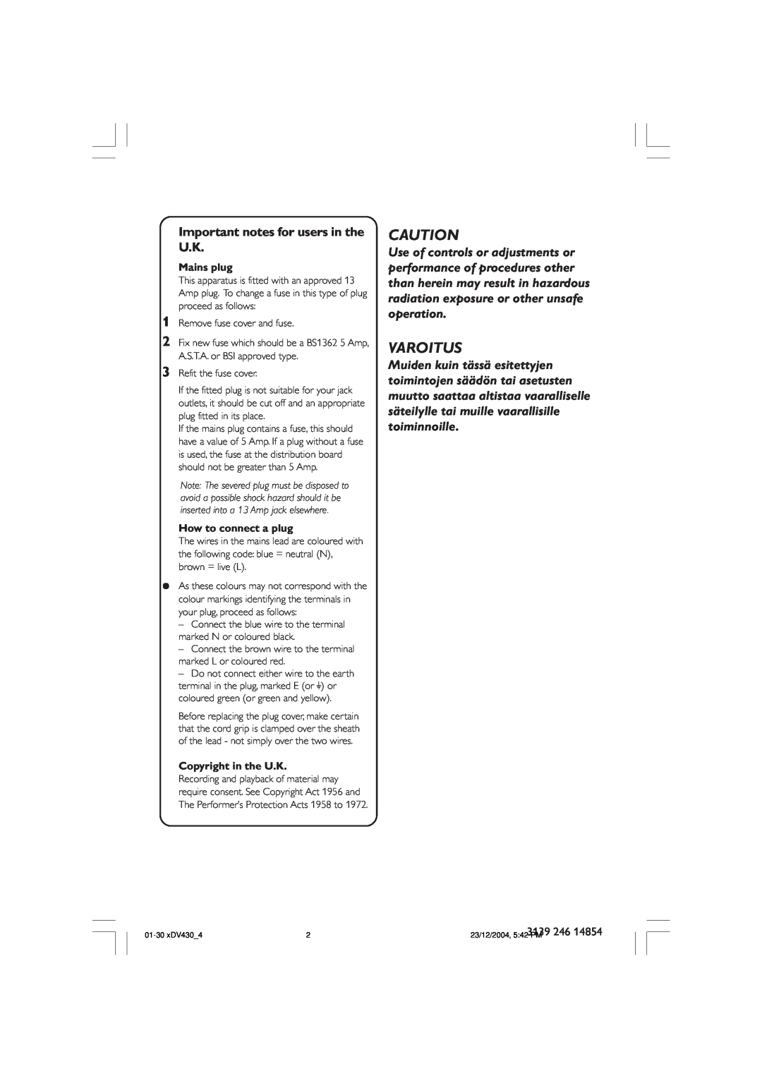 Philips MMS430 user manual Important notes for users in the U.K, Varoitus 