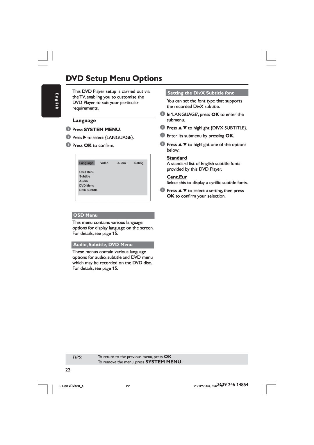 Philips MMS430 DVD Setup Menu Options, Language, OSD Menu, Setting the DivX Subtitle font, Audio, Subtitle, DVD Menu 