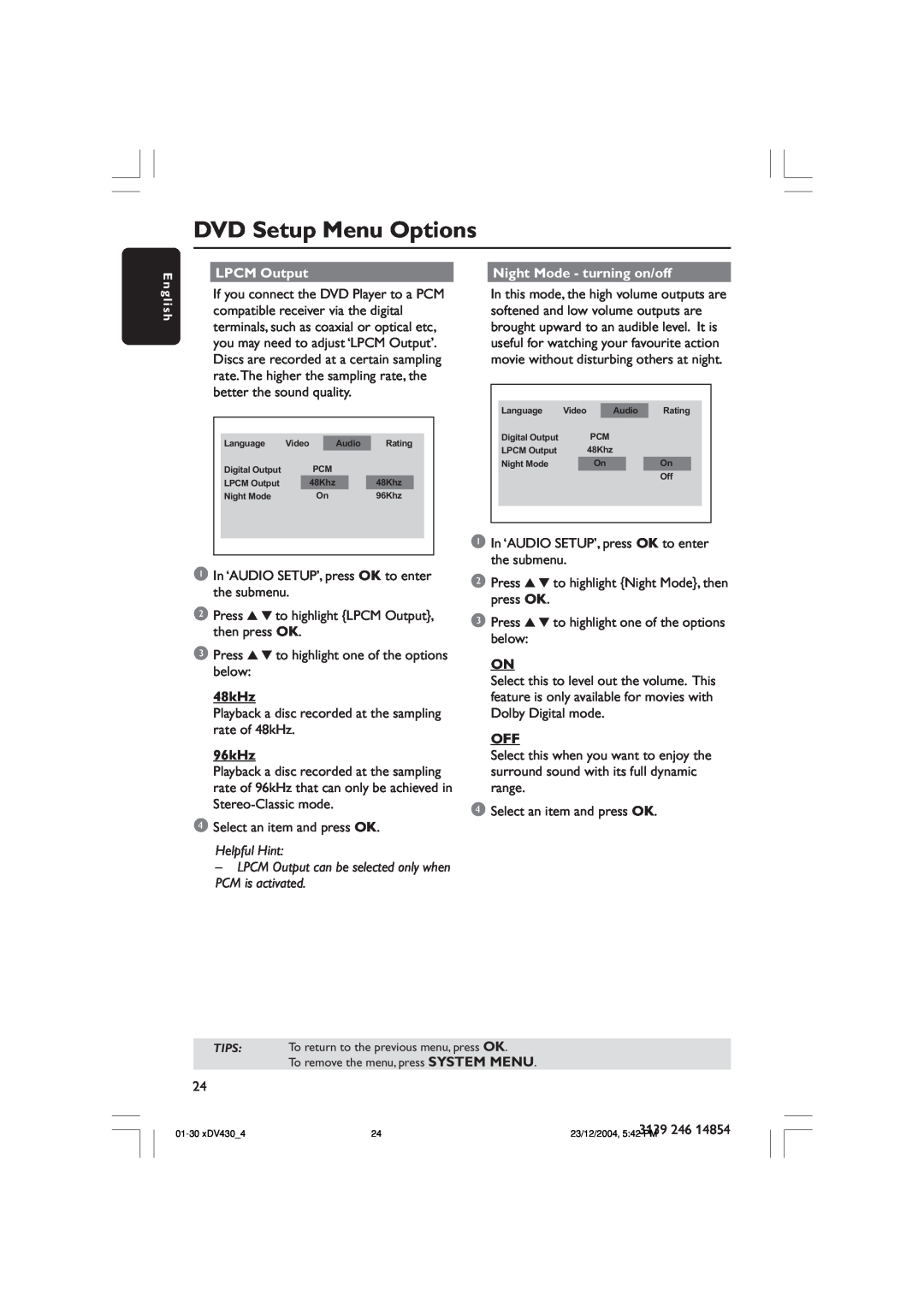 Philips MMS430 user manual DVD Setup Menu Options, LPCM Output, Night Mode - turning on/off, 48kHz, 96kHz, Helpful Hint 