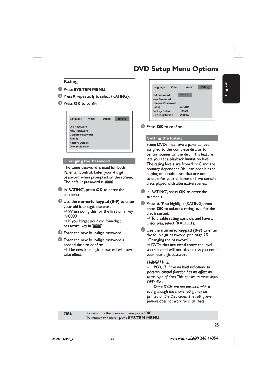 Philips MMS430 user manual DVD Setup Menu Options, Changing the Password, Setting the Rating, Helpful Hints 