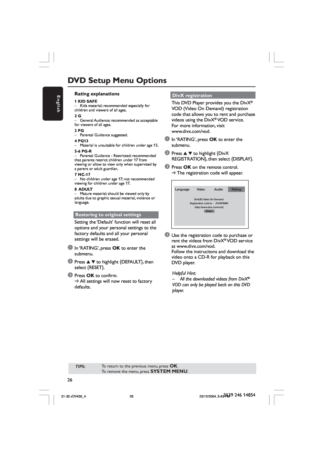 Philips MMS430 DVD Setup Menu Options, Restoring to original settings, DivX registration, Helpful Hint, E n g l i s h 