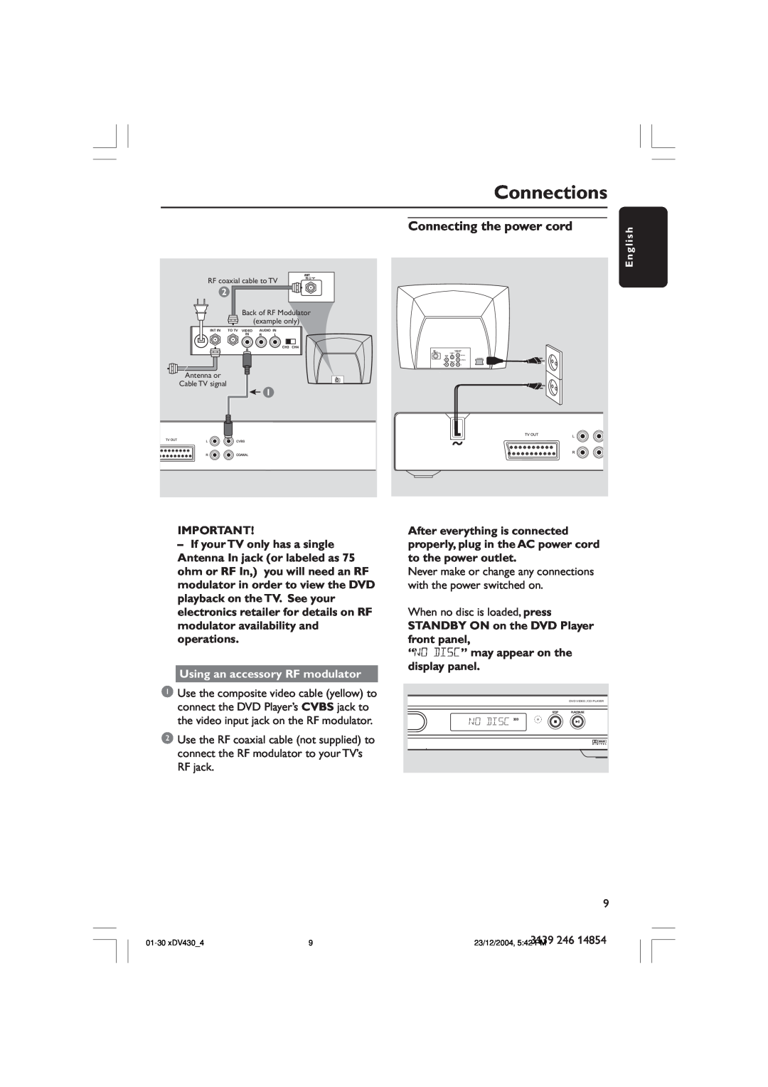 Philips MMS430 user manual Connecting the power cord, Connections, Using an accessory RF modulator 