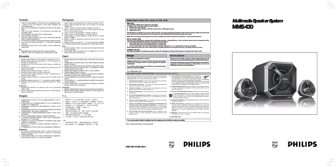 Philips MMS430W/17 important safety instructions Portuguese, Slowaskia, Hungary 