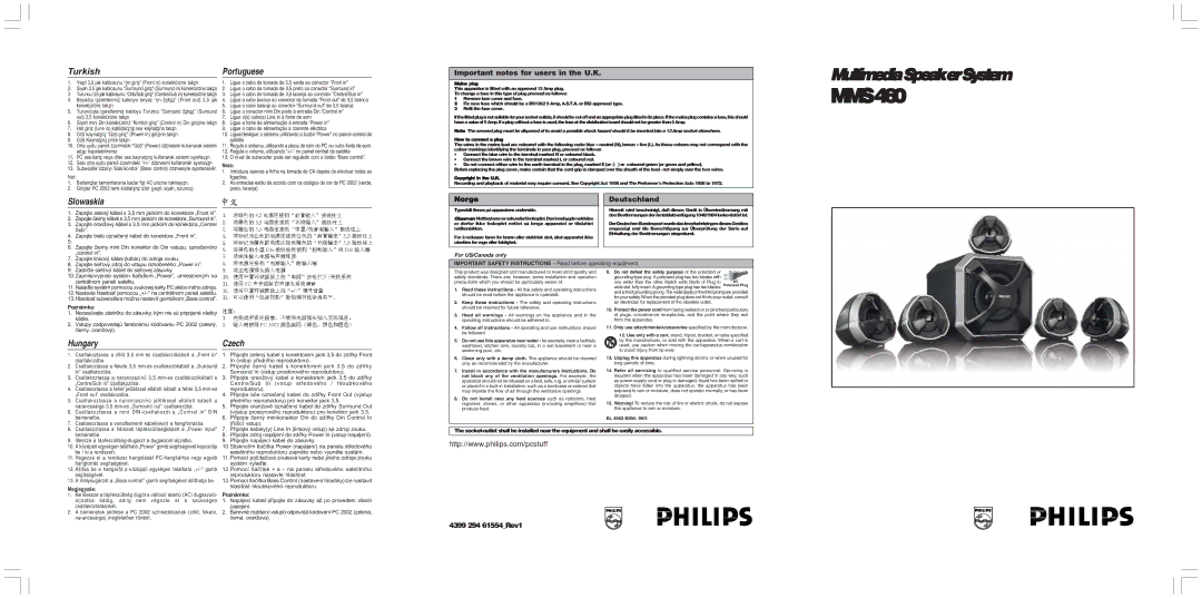 Philips MMS460/17 important safety instructions Portuguese, Slowaskia, Hungary Czech 