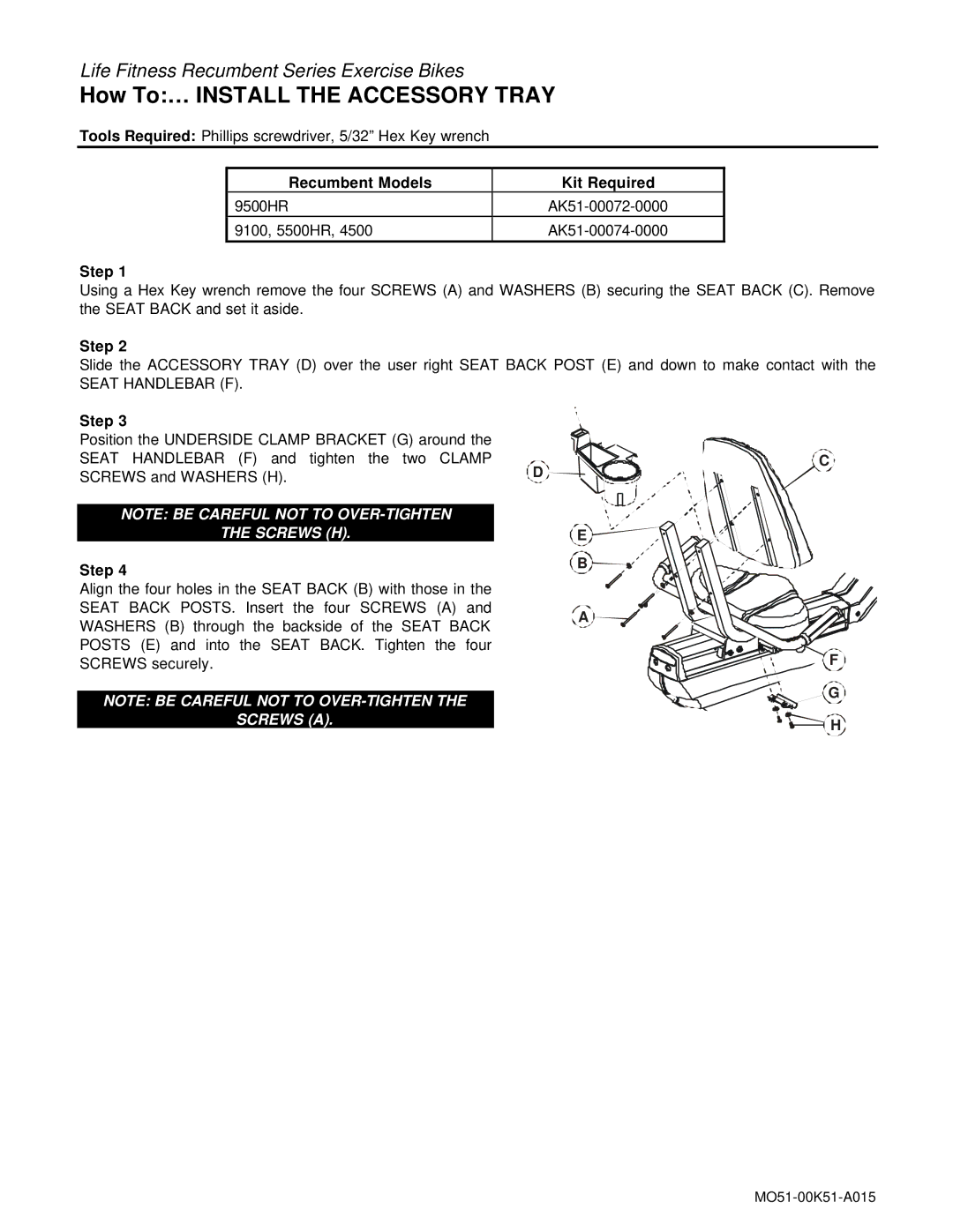 Philips MO51-00K51-A015 manual How To… Install the Accessory Tray, Recumbent Models Kit Required, Step, Screws H, Screws a 