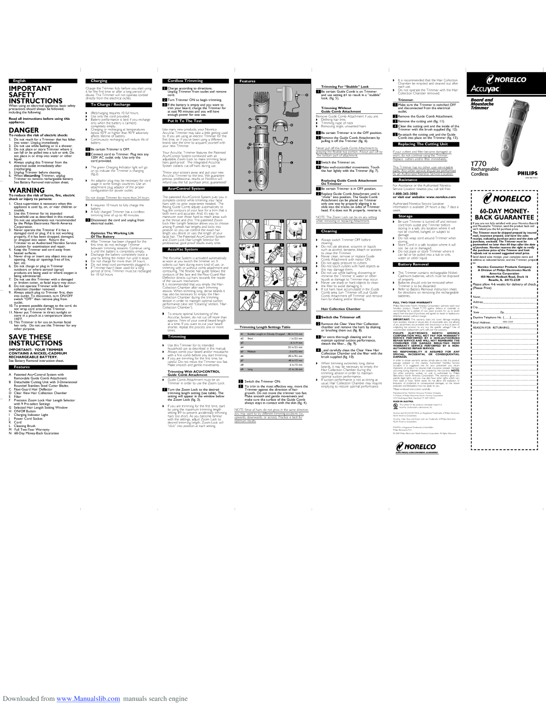 Philips Model T-770 important safety instructions English, Charging, To Charge / Recharge, Cordless Trimming, Features 