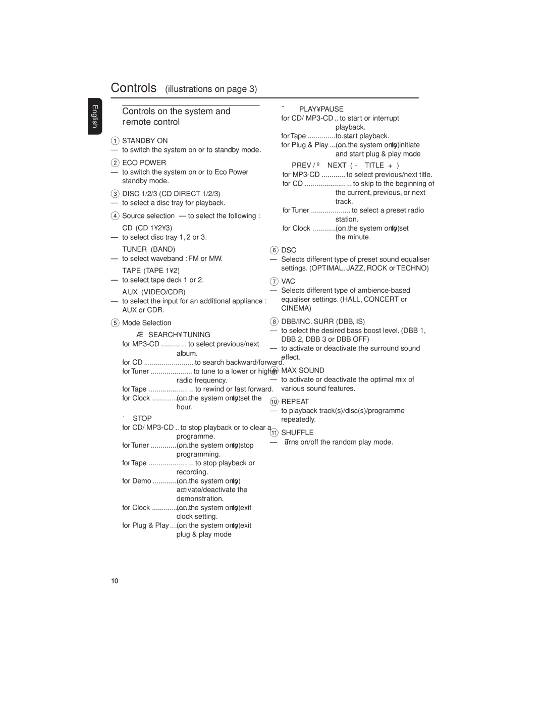 Philips MP3-CD user manual Controls on the system and remote control, Mode Selection Search Tuning, Prev / ë Next -TITLE + 