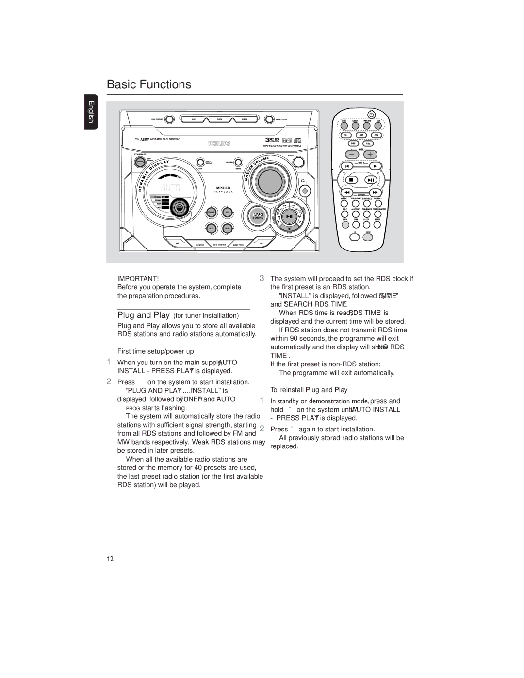 Philips MP3-CD user manual Basic Functions, First time setup/power up, PressÉÅ on the system to start installation 