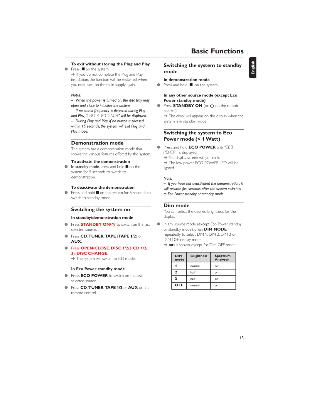 Philips MP3-CD Demonstration mode, Switching the system to standby mode, Switching the system to Eco Power mode 1 Watt 
